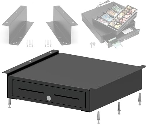 POS VALLEY Cash Register Drawer with Metal Brackets for Mounting Under the Counter - Internal 4 Banknotes / 8 Coins (Euro), 24 V RJ11/12, 41 x 41 x 11 cm