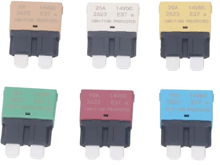 6-teiliges Sortiment an Flachsicherungen mit Automatischem Reset E37 ATM Mini-Leistungsschalterschutz 5A 10A 15A 20A 25A 30A 14VDC 6-teiliges Automatisches Reset