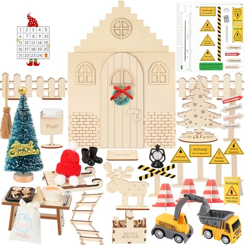 Raoclay Wichtel Zubehör Weihnachten, Miniatur Wichteltür Set mit Wichtel Baustelle Set, 62PCS Wichteltür Zubehör, Wichteltür Komplettset DIY Wichteltür Baustelle mit Wichtelhaus für Kinder