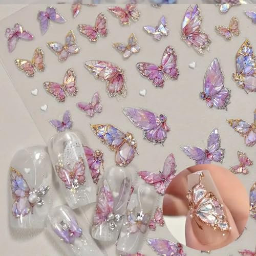 TELAIN Autocollants pour nail art papillon - Papillon rose 5D en relief - Accessoires de manucure autocollants pour femmes et filles - Décorations d'ongles DIY