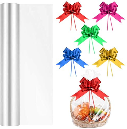 40CM x 30M Klare Cellophan Rolle, Transparent Geschenkpapier, mit 5 Großen Geschenkschleifen, Klares Verpackungspapier Für Blume, Geschenk Baskt Verpackung, Leckereien Wrap(Breite Ausgeklappt 80 cm)