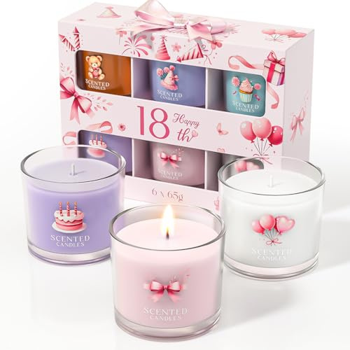 CHILLFLAME Regalos de cumpleaños número 18 para niñas, juego de velas de cumpleaños para ella, 6 velas votivas perfumadas, regalos de velas para mujeres/hombres (6 colores, 400 g)
