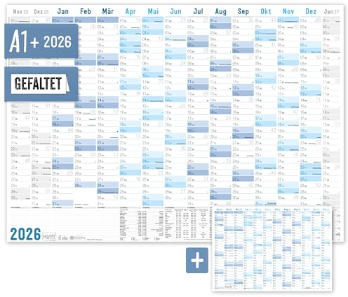 Häfft® XXL Wandkalender 2026 groß A1 + quer (89 x 63 cm), gefalzt, 15 Monate: Nov 2025 - Jan 2027 inkl. A4-Jahresplaner, Wandplaner Blau - nachhaltig & klimafreundlich
