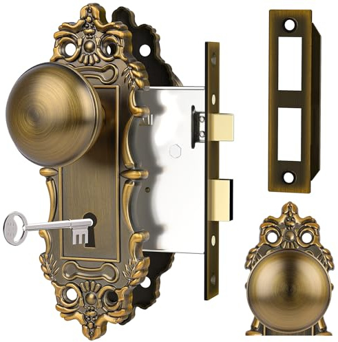 CEYMIO Einsteckschloss, Vintage-Stil, Privatsphäre, Türknäufe innen, antikes Messing | Premium Zinklegierung Vintage Schloss mit Skelett Schlüssel ideal für Schlafzimmer, Badezimmer & Flur