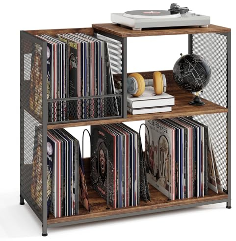 CASART 3-Tier Record Player Stand, Turntable End Table with Removable Dividers & Metal Frame, Vinyl Display Storage Shelf for Living Room Bedroom Studio