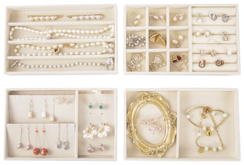 2025 - Inserti organizer per cassetti per gioielli, impilabili, in velluto, per cassettiera, espositore piatto impilabile per anelli, collane, accessori (set da 4)