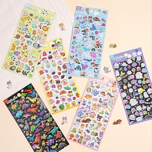 3D Cute Puffy Stickers 6 Sheets Kawaii Tiny Stickers Animal Puff Sticker Cartoon Design Glitter Sticker for Kids Adults Scrapbooks Laptops Phone Cases Journal