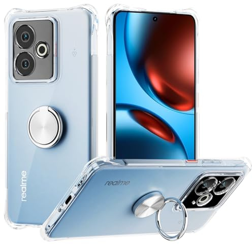 Cover Anello Compatibile con Realme GT 7 / GT 7T, Argento | Custodia Trasparente Silicone con Anello Ruotabile Cavalletto Quattro Angoli Anti-Caduta Crystal Clear Case
