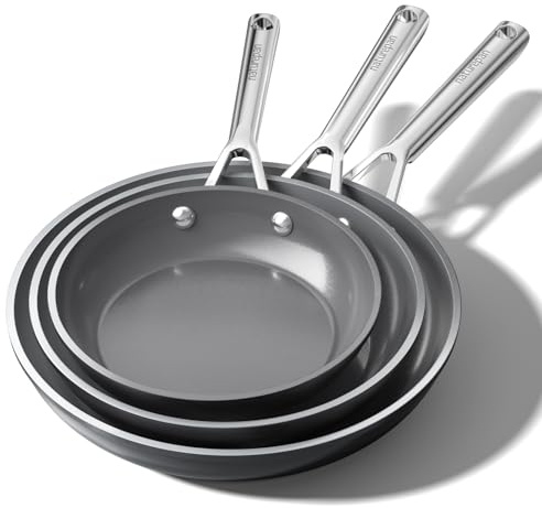naturepan Diamond-Titanium Ceramic Nonstick Frying Pan Set, 3-Piece (20, 24 & 28cm), PFAS & PTFE & PFOA Free, Stainless Steel Handle, Dishwasher/Oven Safe, Grey