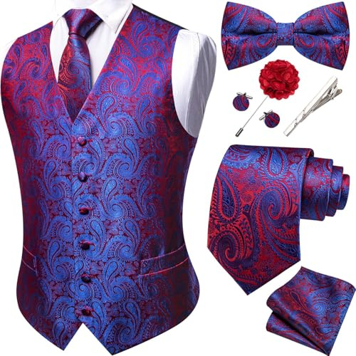 Barry.Wang Herren-Paisley-Weste, formelle Anzugwesten, Krawatte, Fliege, Set, Jacquard-Clip, Einstecktuch, Manschettenknöpfe, Anstecknadel, Hochzeit, 8 Stück