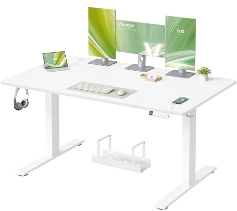VASAGLE Höjdjusterbart skrivbord, 140 x 80 cm, USB-C-kontakt, hylla för grenuttag, ståbord, påminnelse om långa sittplatser, 3 minnesknappar, för kontor, matt vit LSD144WZ02