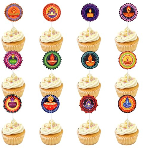 24Pcs Diwali Cupcake Toppers Set, Happy Diwali Decorations for House Diyas Cake Dessert Toppers Cupcake Picks Indian Festival of Lights Birthday Deepavali Party Decor Supplies