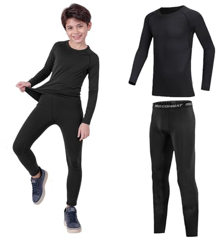 Ensemble de sous-vêtements Thermiques garçons Fiorios, Haut à Manches Longues et Leggings doublés en Polaire pour Le Football, Le Ski (Ensemble 2 pièces Black Line, 4-5 Ans ; Taille 22)