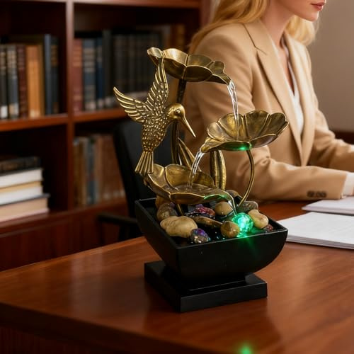 AOZITA Tabletop Fountain, Indoor Waterfall Fountain, Small Home Décor Zen Relaxation Soothing Sound Machine for Office, Living Room, or Bedroom, Bronze Metal Lotus with Hummingbird, River Rocks, LED