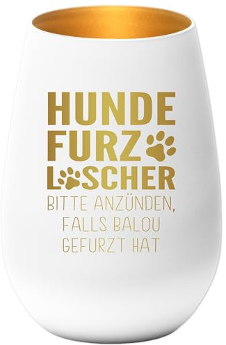 Hundefurzlöscher Windlicht Hundefurz Löscher personalisiert für Teelicht Geschenk Hundepapa Hundemama Kerzenglas mit Gravur (Weiß)