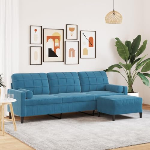 Owoxanthellate 3-Sitzer Samtsofa mit Hocker 226 x 77 x 80 cm Blau, platzsparendes kleines Couch-Set mit Recamiere-Funktion für Wohnzimmer Schlafzimmer Flur