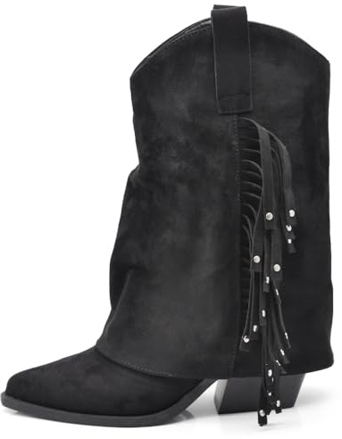 IF Stivali Texani Donna Western Boho, Ghetta con Frange e Borchie, Camoscio Sintetico Vegano, Punta Affusolata, Tacco Medio GA058 nero N.39