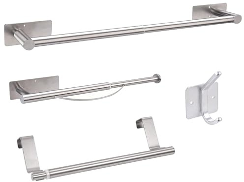 Luckymod 4 Pack Retractable Stainless Steel Bathroom Accessory Set | Wall Mounted Towel Rail & Toilet Roll Holder, 304 Steel For Bathroom And Kitchen Dish Cloth Storage