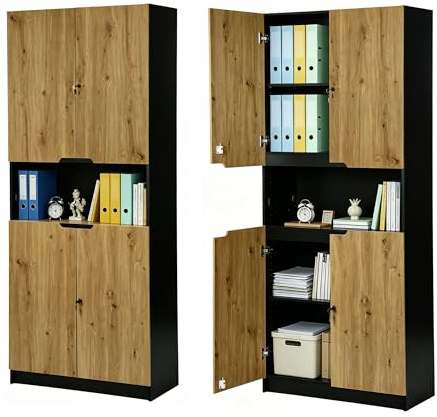 Songvas Aktenschrank Holz, Büroschrank 200cm Hoch mit 4 Türen und Schlöss, verstellbare Einlegeböden und offenem Fach, Mehrzweckschrank für Büro Home Office Wohnzimmer, Schwarz-Eiche 81,6x36,5x200cm