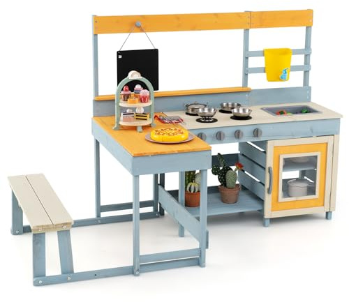 COSTWAY 2 en 1 Cuisine Extérieure Enfant avec Tableau Noir & Table de Pique-Nique, Cuisine de Boue en Bois de Sapin avec 7 Desserts & 8 Ustensiles, Jeu d'Imitation Boueuse pour Jardin Balcon, 3 Ans+