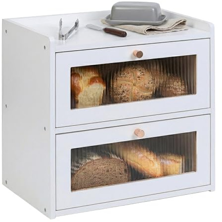 Relaxdays Brotkasten Bambus, 2 Etagen, Brotlade mit Sichtfenstern, Klapptüren, HBT: 34 x 36,5 x 24 cm, Brotbox, weiß