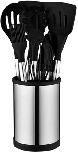 Set Completo Utensili da Cucina 12 Pezzi in Silicone con Portautensili Girevole Mestolo Schiumarola Servispaghetti Pinza Frusta Spatole in Acciaio Inox e Silicone per Antiaderente (Nero)