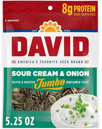 DAVID SEEDS Sour Cream & Onion Jumbo Sunflower Seeds, Keto Friendly, 5.25-oz. Resealable Bag (Pack of 12)