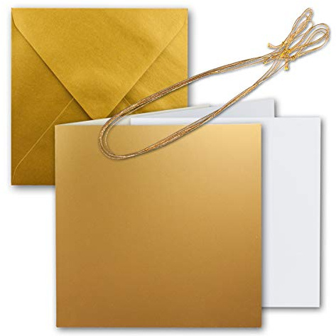 25x Quadratisches Faltkarten Set 15 x 15 cm - mit Briefumschlägen & Einlegeblätter & Schmuckband - Gold Metallic - für Einladungskarten, Hochzeit, Weihnachten - von GUSTAV NEUSER