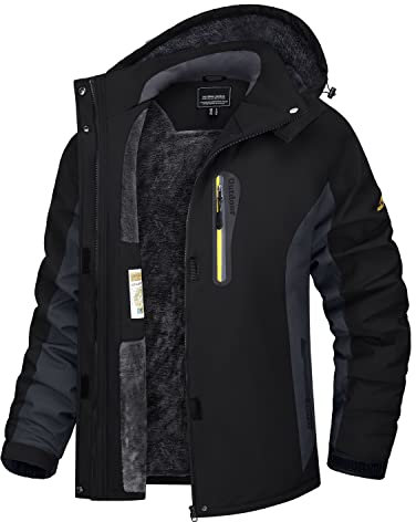 TACVASEN Skijacke Damen Warm Winterjacke Wasserdicht Atmungsaktiv Fleece Softshelljacke Outdoor Funktionsjacke mit Kapuzen Schwarz Grau XL