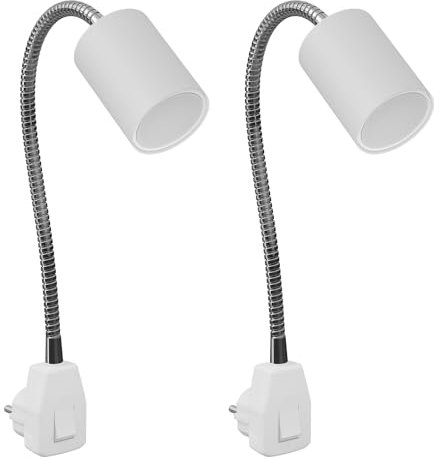ledscom.de 2 Stück GU10 Steckdosenlampe WAIKA Schwanenhals, Schalter, weiß inkl. GU10 LED 3-Stufen dimmbar warmweiß