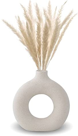 Dekorative Vase aus Keramik, Beige, runde Form, Moderne Kunst, handgetrocknete Blumen, handgefertigt, für die Dekoration von Büro zu Hause (M)