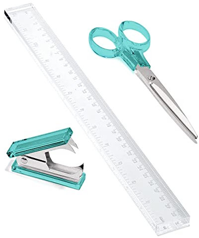 OfficeGoods Schreibtisch-Set aus Acryl, 3-teilig, inklusive Lineal, Klammerentferner, Schere, funktionales und elegantes Schreibtischzubehör, Schreibwarenwerkzeuge für Zuhause, Büro und Schule, Grün