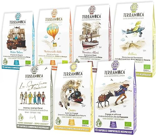 TERRAMOKA - 105 Capsules Café Bio d'excellence (7*15) - Coffret cadeau gourmet - Compatibles avec Nespresso - Idée cadeau - Boîte Découverte - Torréfié en France