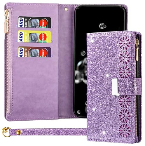 Aolggcol Handyhülle für Google Pixel 6A Hülle Leder Glitzer Brieftasche Zipper Kartenfach Flip Wallet Handytasche Silikon Klappbar Magnetisch Standfunktion Case 360 Grad Schutzhülle - Lila