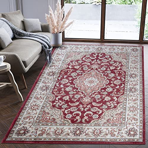 Mazovia Alfombra Oriental de Salón Grande - Pelo Corto - Para Habitación de Matrimonio, Dormitorio y Comedor - Diseño de Motivo - Rojo Beige - 200x300 cm
