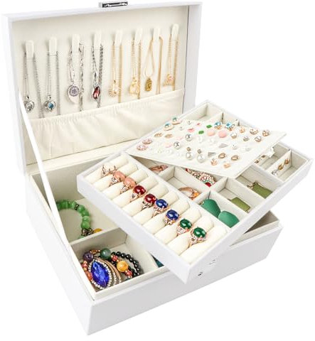 Homeanda Schmuckkästchen mit Schloss - Große Schmuckschatulle aus Leder für Damen, Schmuckbox mit 2 Ebenen (Weiß)