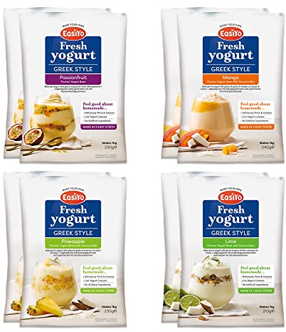 EasiYo Yogurt 8 Sachet Pack | EasiYo Greek Style Mixed Pack | 2 x GS Passionfruit 2 x GS Mango & Passionfruit 2 x GS Pineapple with Coconut Bits 2 x GS Lime with Coconut Bits