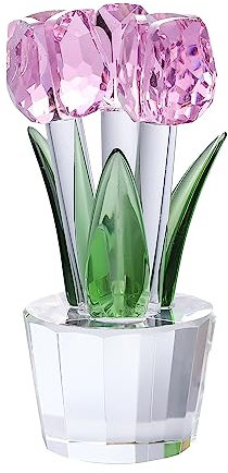 Qianwei Crystal Tulips Flowers Figurine Pink with Vase - Glass Flower Bouquet Collectible Figurines Crystal Office Home Decor Paperweight - Tulip Gifts for Women Mom Bestfriend Wedding Anniversary