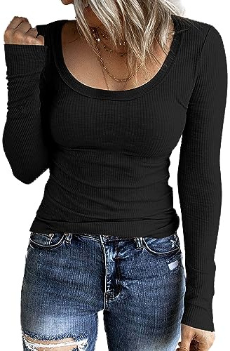 TrendiMax Långärmad damtröja sexig långärmad topp enfärgad basic t-shirt höstpullover casual toppar, svart, L