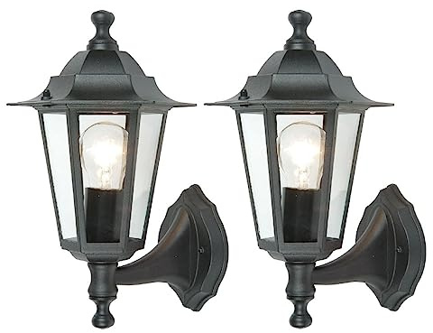 Britalia 2 Pack - Black & Clear Glass Panel Outdoor Vintage Up Coach Lantern Wall Light | IP44 Rated | 31cm Height | 1 x ES E27 Lamp Required | Garden - Patio - Driveway | UK Approved | Aluminium