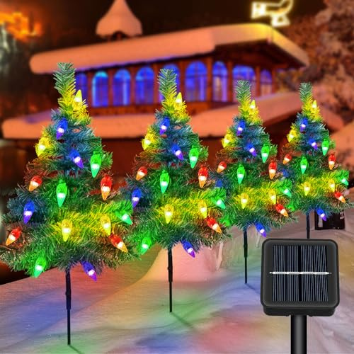 Ninonly Solar Christmas Tree Garden Lights Outdoor, 4 Pack Christmas Decoration With 80 LED Strawberry Lights, Waterproof for Xmas Yard Pathway