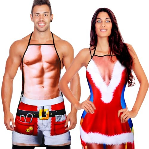 2 Stück Lustige Geschenke Set für Herren Damen Neuheit Grillschürze Muskel Kochschürzen Verstellbar Wasserdicht Küchenschürze für Weihnachten BBQ Party Erwachsene Paare