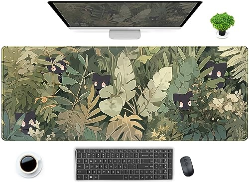 Kawaii Desk Mat Cats Forest Sage Green Desk Mat Anime XL Tropical Leaves Office Decoration Keyboard Laptop Mouse Pad for Women 80x30cm