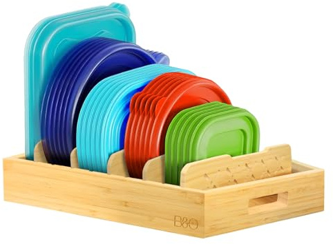 Volenx Bamboo Food Container Lid Organisers, Practical Lid Holder with 5 Adjustable Dividers, Lid Storage for Kitchen Countertop and Cupboard Organisers, Reusable, Large, 34.3 x 26 x 10cm