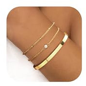 Finrezio 3-5 Pcs Gold Bracelet for Women 14K Gold Plated Stacking Bracelets Rope Cuban Figaro Herringbone Bead Chain Bracelets Adjustable Link Charm Bracelet Set Waterproof Gold Jewellery for Women