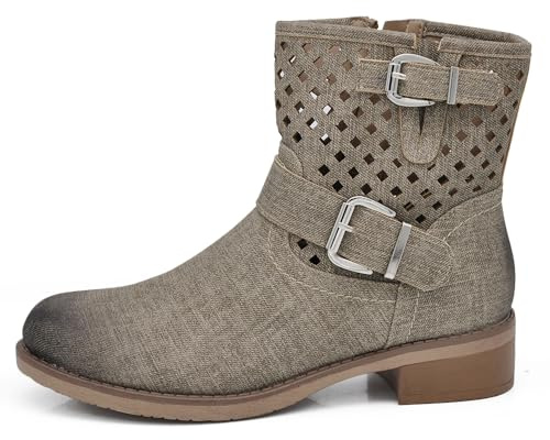 IF Fashion Stivali Stivaletti Biker Motociclista da Donna Traforato Con Fibbie Primaverili Estivi Pelle Sintetica Effetto Jeans GR-6656 khaki N.38