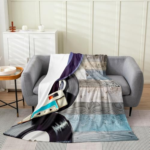 Musical Lovers Fleece Blanket Vintage Tape Record Throw Blanket Wood Plank Texture Blue Grey Fuzzy Blanket Audio Cassette Music Plush Bed Blanket Throw Size for Home Bedroom Sofa Bed
