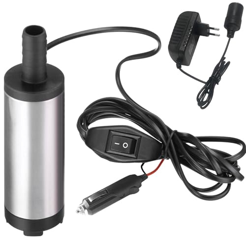 Tauchpumpe DC 12V 38mm, Edelstahl Ölpumpe Dieselpumpe mit Zigarettenanzünder, Tragbare Wasserpumpe Mini Pumpe Wasser Pumpe für Auto, KFZ, Caravan, Marine Boot