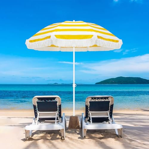 Parasol de plage Parasols de patio à rayures jaunes de 5,9 pieds avec parasol de plage portable à franges pour le sable avec parapluie extérieur inclinable UPF 50+ Parapluie de piscine résistant à la