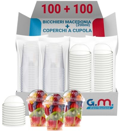 G.M. DISTRIBUZIONE 100 Bicchieri Macedonia in PET da 200ml + 100 Coperchi A Cupola in PS, Bicchieri e Coperchi Trasparenti, Bicchiere Riutilizzabile Alta Qualità per Bar e Gelaterie